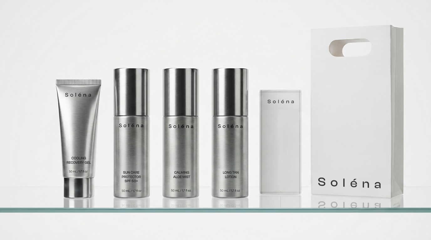 Solena skincare product range and packaging